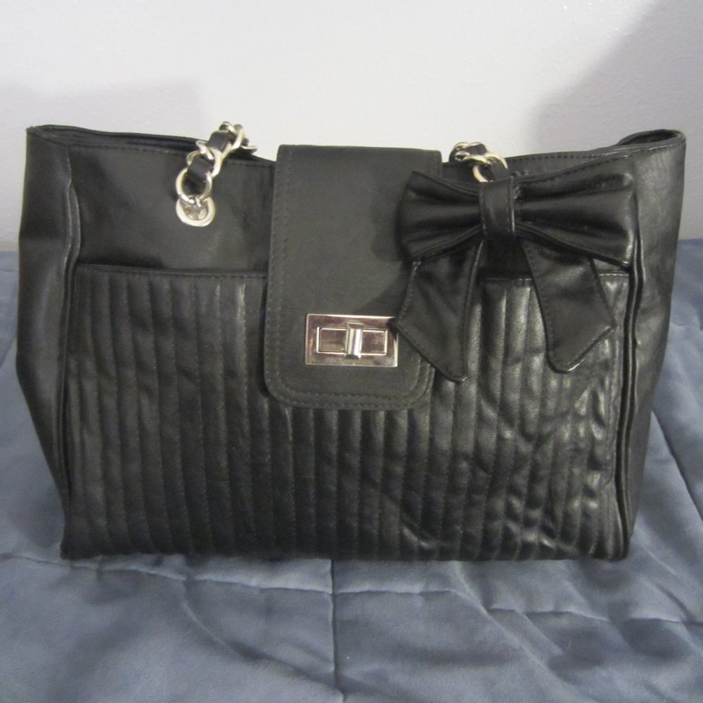 Large Black Leather Tote with Chain Handles